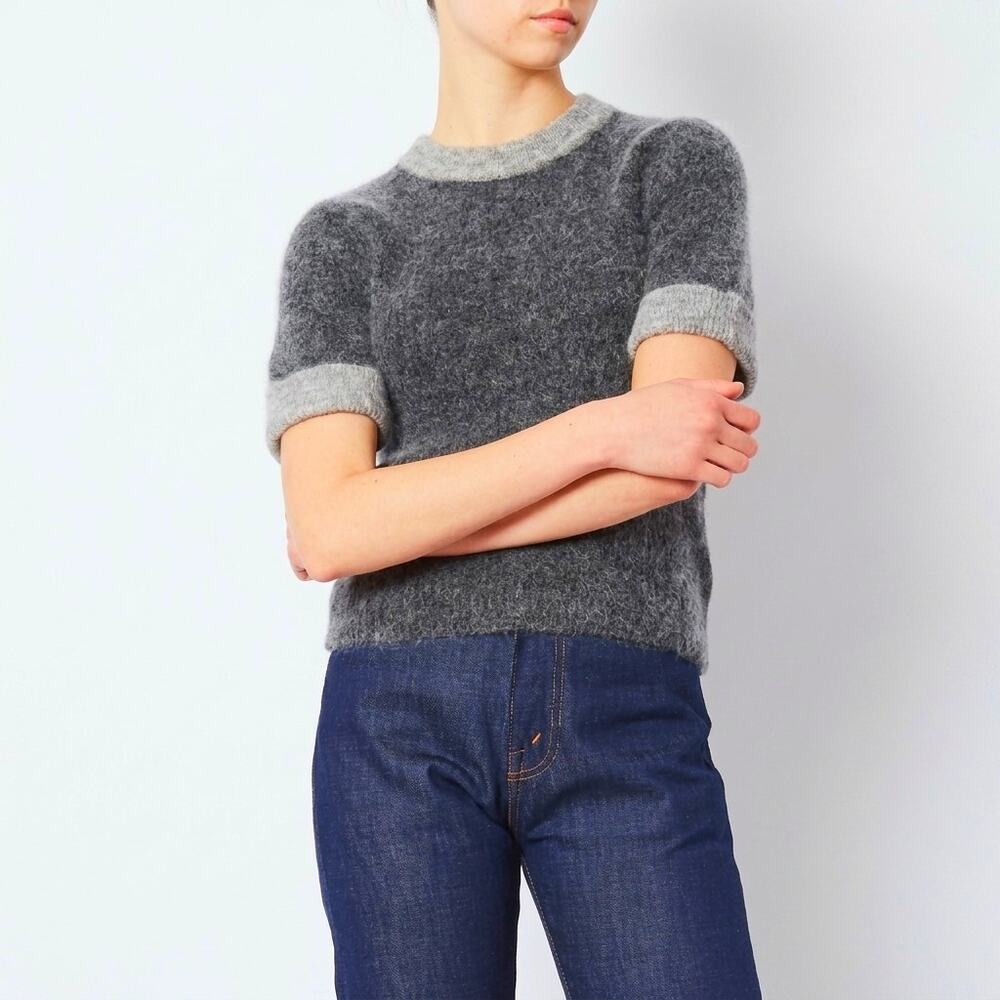 Ganni Evangelista Short Sleeve Sweater Gray Top Fuzzy Mohair Wool Blend